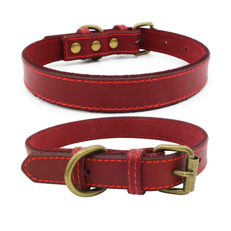 

High Quality Genuine Cow Leather Collar For Smart Dog With Green Bronze Hardware Accessories, Brown, red, black