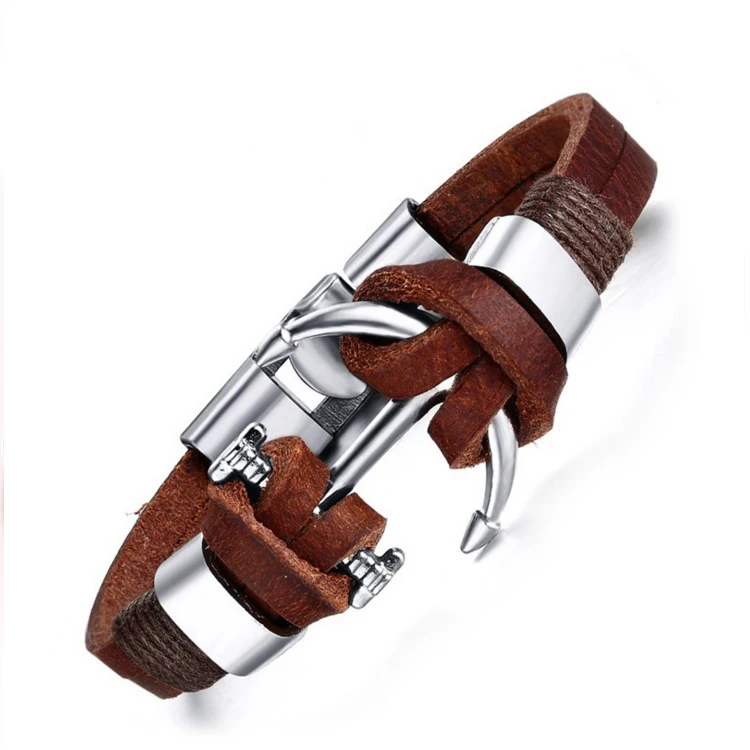 

Brown Vintage Leather Bangle Clasp High Quality Real Leather Bracelet Mens Leather Alloy Anchor Bracelet Links