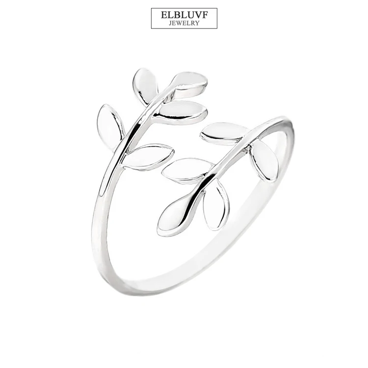 

ELBLUVF Stainless-steel 18k Silver Plated Leaves Leaf Laurel Adjustable Olive Branch Ring