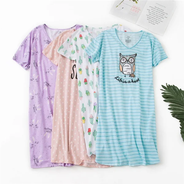 

7 colors cute nighty Wholesale Chinese cotton high quality nightgown short Sleeve Women night Pajamas dress, As shown