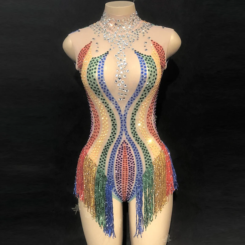 

Colorful Rainbow Tassel Mesh Leotard Rhinestones Perspective Fringes Bodysuit Stage Outfit Wear Women Performance Dance Costume