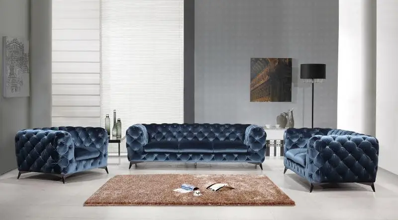 Italian style luxury home furniture iron legs living room blue velvet Chesterfield sofa set
