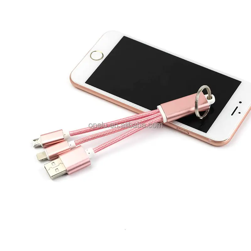 

Hot Keychain Key Ring Nylon 8pin Micro Charger Data 2 in 1 USB Cable, Black;silver;gold;rose;pink .
