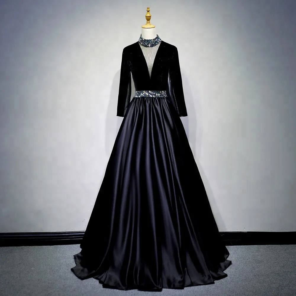 

Black Velvet Satin Ball Gown High Neck Long Sleeve Evening Dresses Fashion Modest 2018 Real Photo Evening Gowns