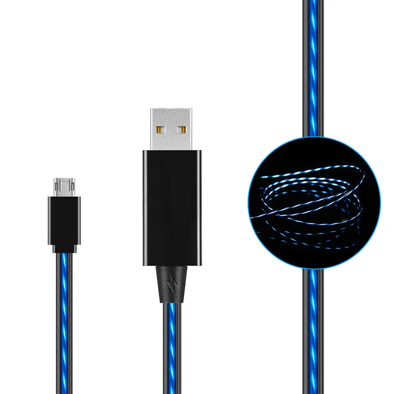 

Black 2018 Visible Flowing Light LED Charging Cords usb 2.0 data sync cable micro usb 5pin charging cable car wireless charger