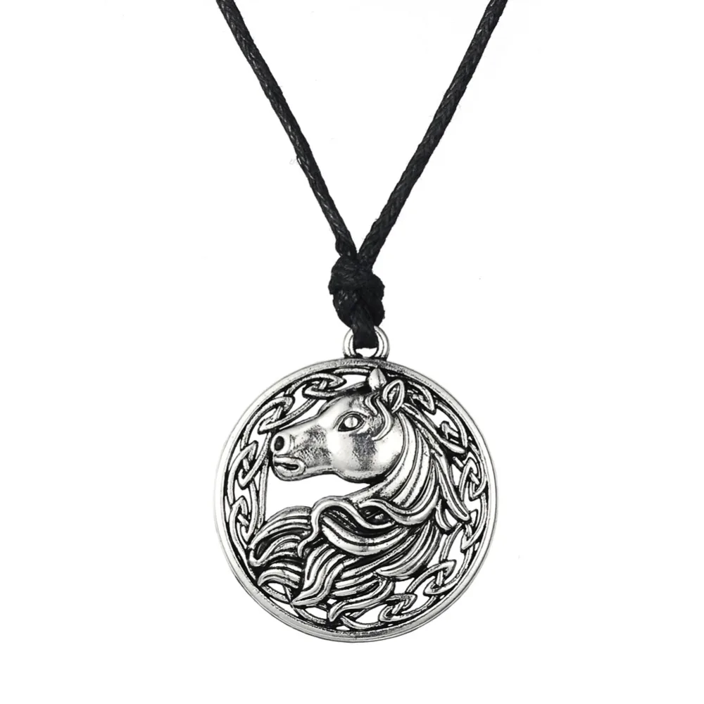 

adjustable long rope necklace Irish knot animal horse jewelry round pendant necklace, Antique