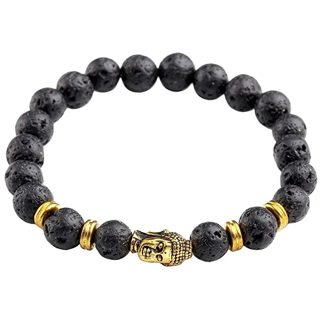 

Gold Plated Lion/Wolf/Fox/Sparta Helmet Black Lava Energy Stone Beads Stretch Bracelet