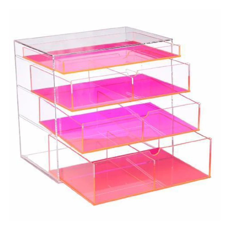 Premium Neon Pink Vanity Lucite Acrylic Makeup Organizer With Drawers,4 Drawer Makeup Organizer
