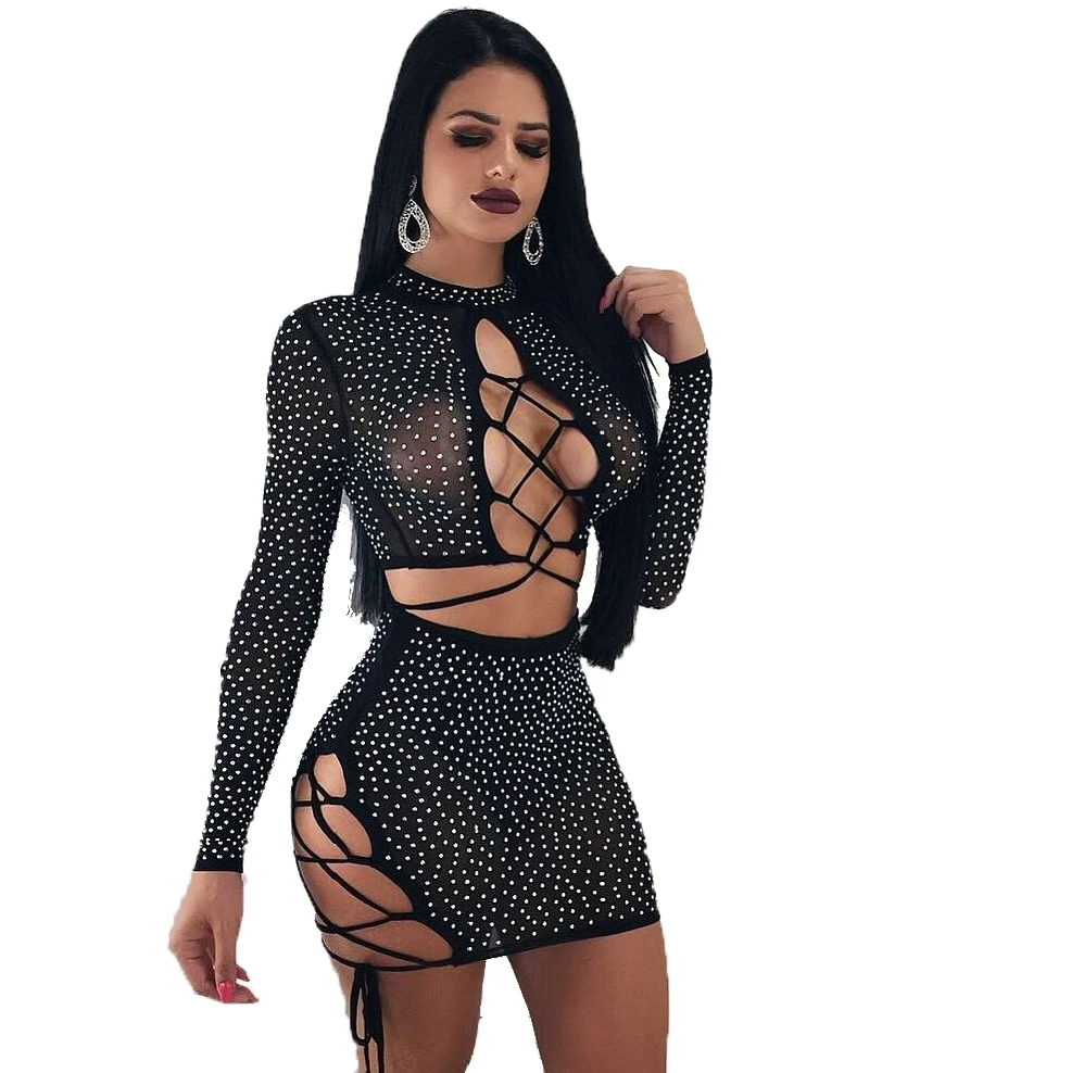 

Hot Sale Black Diamond Perspective Hollow Night Out Women Club Bodycon Dresses Sexy