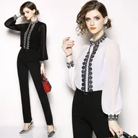 

In stock new fashion high-end customized long sleeves hollow out white embroidered two piece set ladies tops and blouses