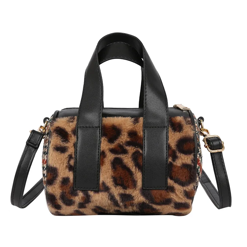 

Low MOQ Cheap Leopard Print Cylinder Lady's Bag Plush Handbag, 3 color