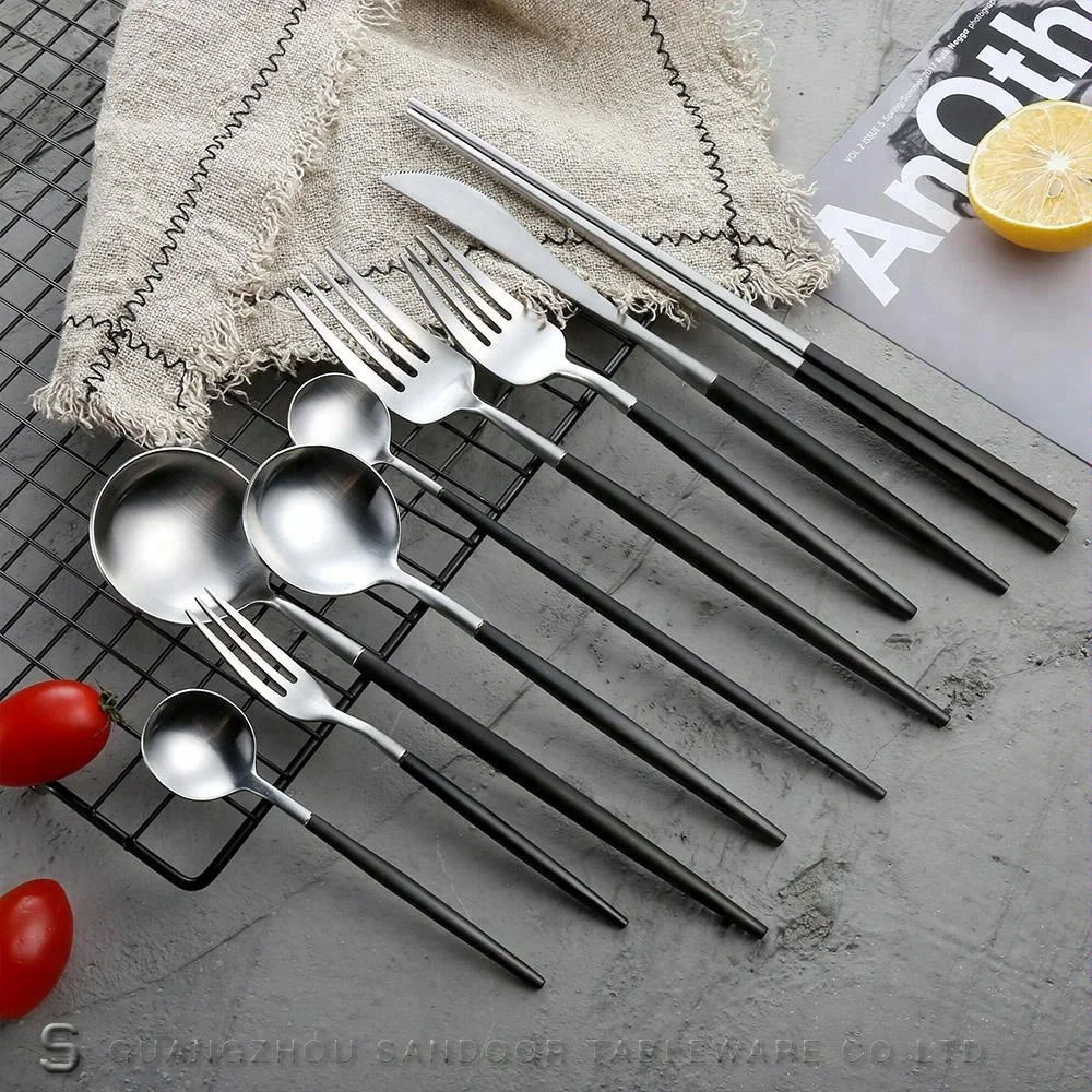 

New style stainless steel dinnerware set tableware cubiertos de acero high quality cutlery knife fork and spoon set, Black sliver
