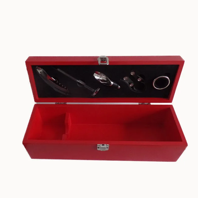 luxury red wooden wine box with accessories