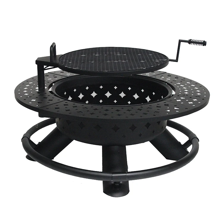 

New style patio garden round steel fire pit table with BBQ grill, Black /sienna clay