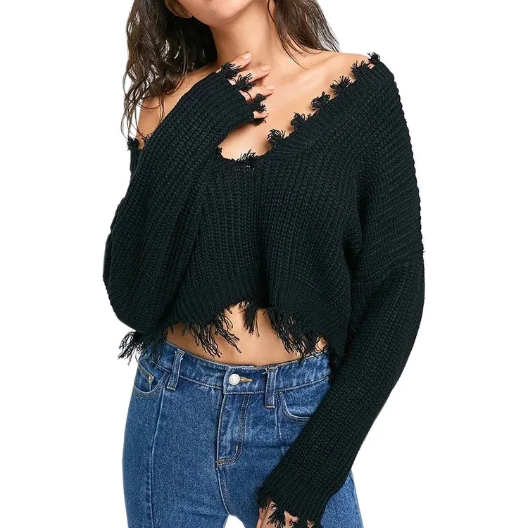 

OEM Solid Black Oversized Frayed Women Cropped Pullover Sweater Tops
