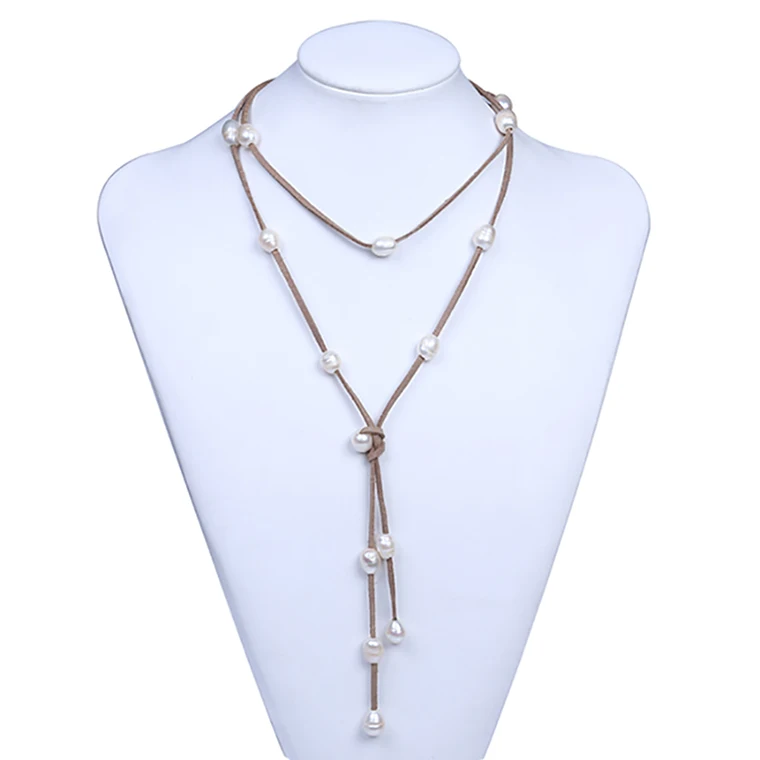 Long women leather pearl neckl