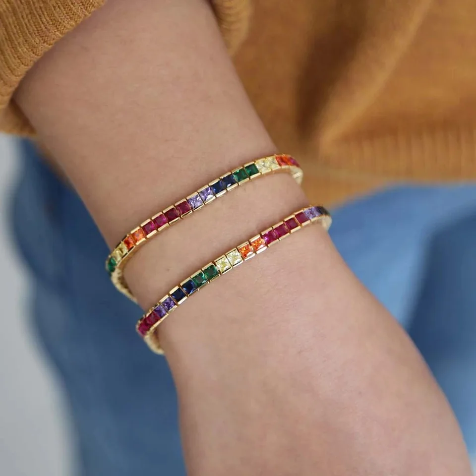 

New gold plated multi color zircon square cz tennis chain rainbow tennis bracelet women, As picture