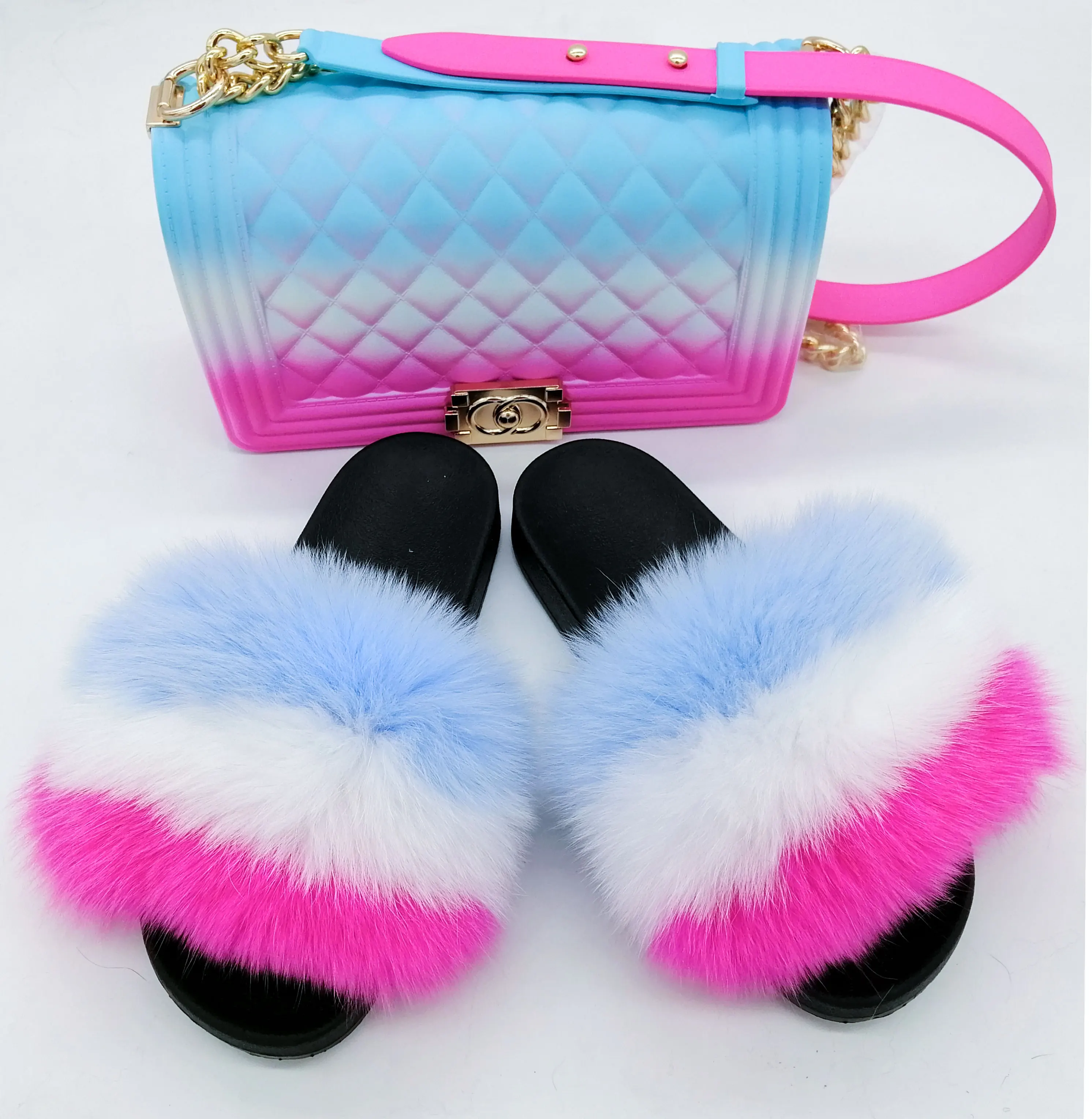 

2019 Fashion luxury chain rainbow purse lady colorful bags candy jelly hand bags with real fox fur slides set, Customized color