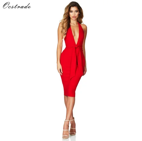 

Ocstrade Hot Sale Sexy Women Deep-v Neck and Halter Party Dress Bodycon Bandage Dress, Red;black