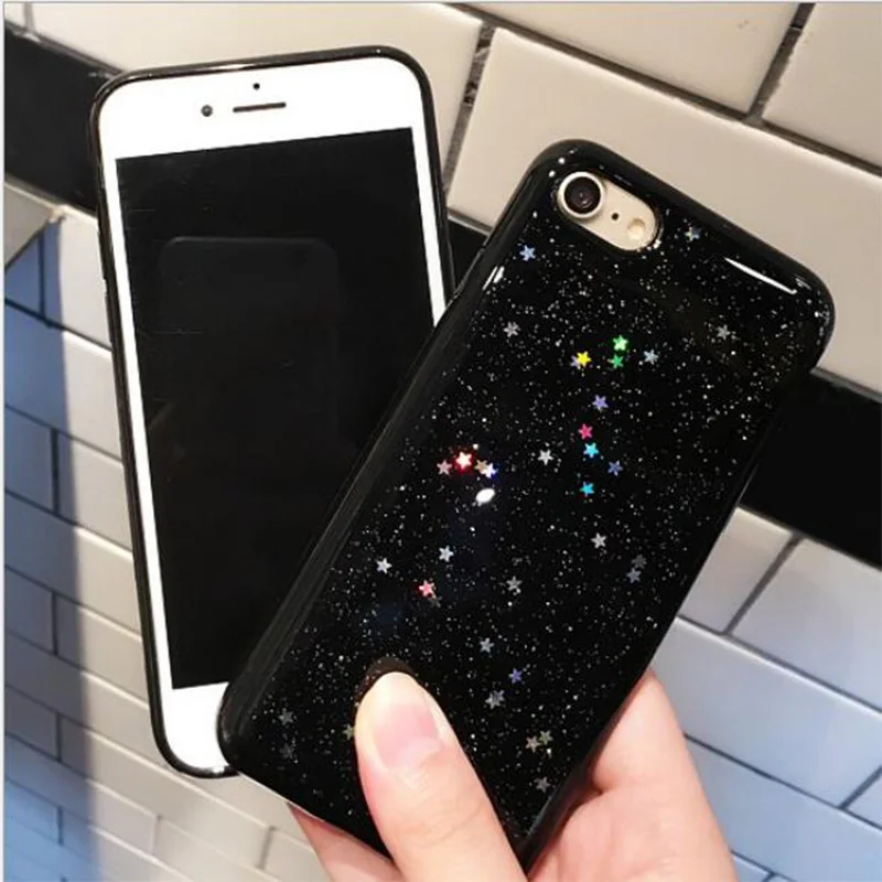 

Luxury Flash Black Stars Phone Case Silicone TPU Case for iPhone 6 6s Plus 7 7 Plus X Bling Glitter Back Cover Capa Fundas