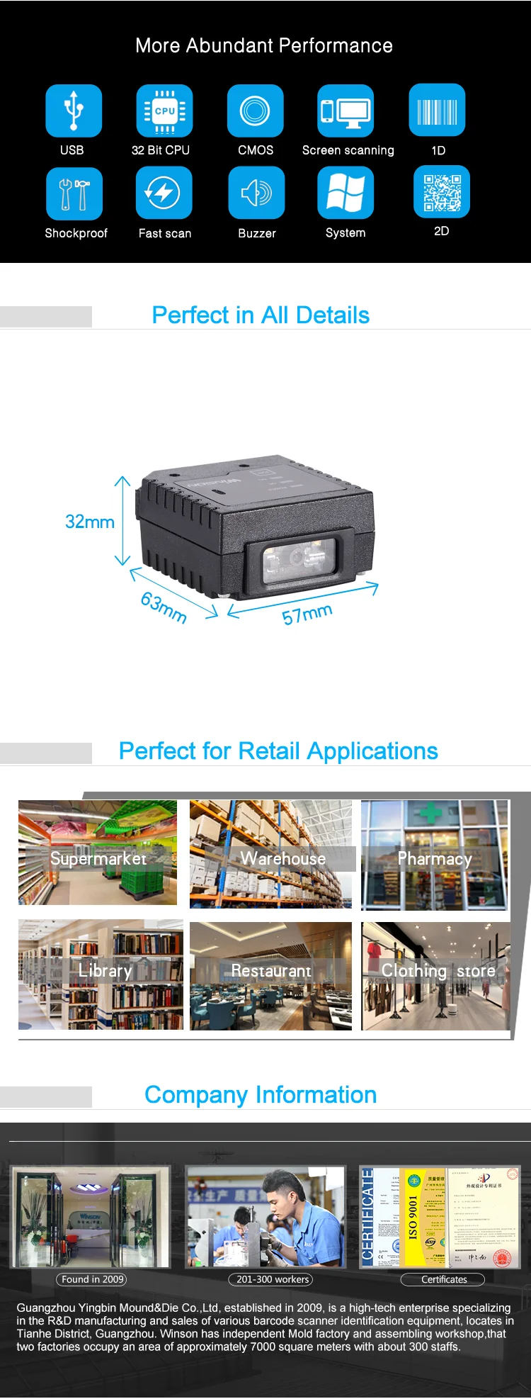 USB Fixed Mount Barcode Scanner QR Datamatrix Reader Programmable Fixed Mount 1D 2D White LED