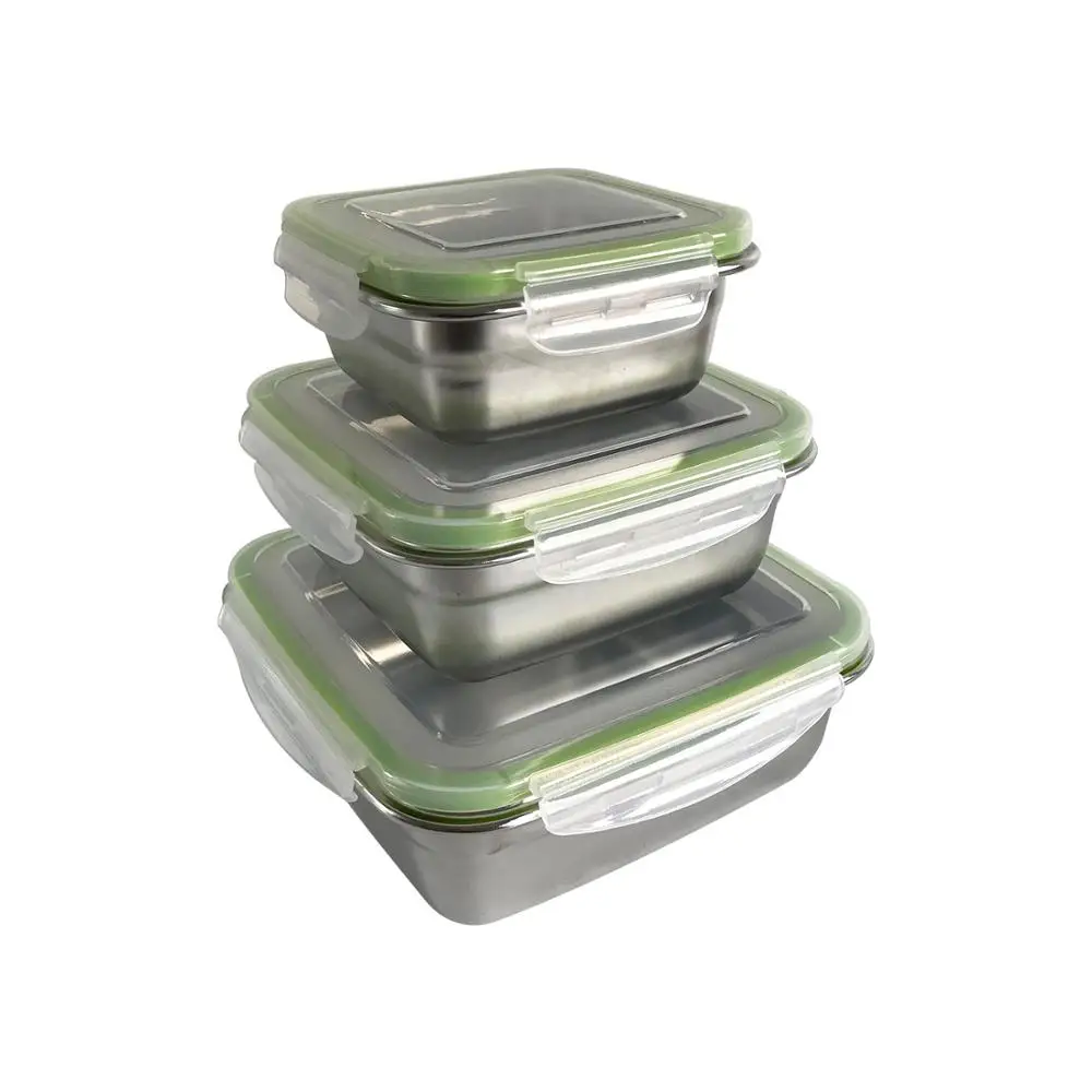 

square 3pcs set sealed stainless steel food storage container