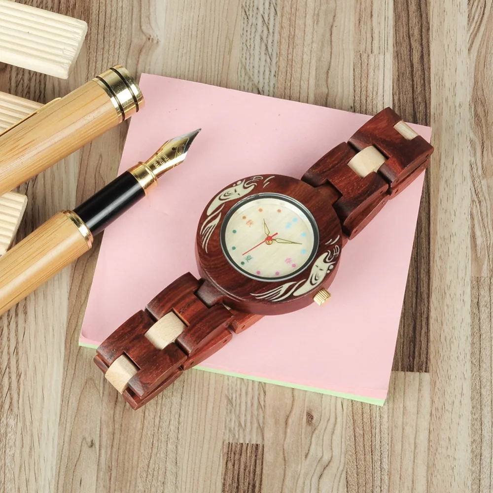 

BOBO BIRD Classic Handmade Red Wood Lady Wristwatch Wooden Bracelet Watch with Gift Box