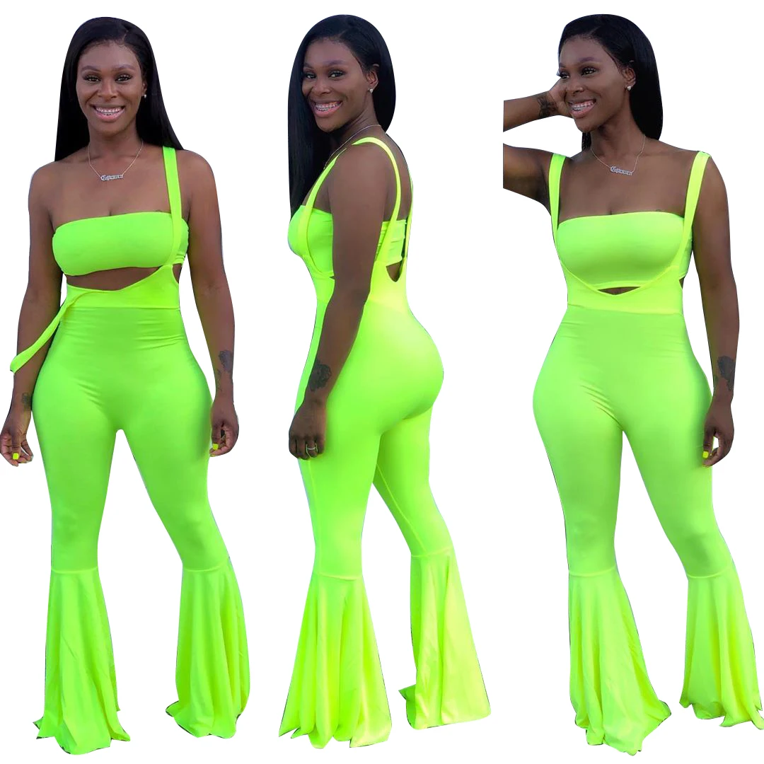 

Solid neon colour crop top and big flare leg pants two pieces sets, Custom color or our colour stock