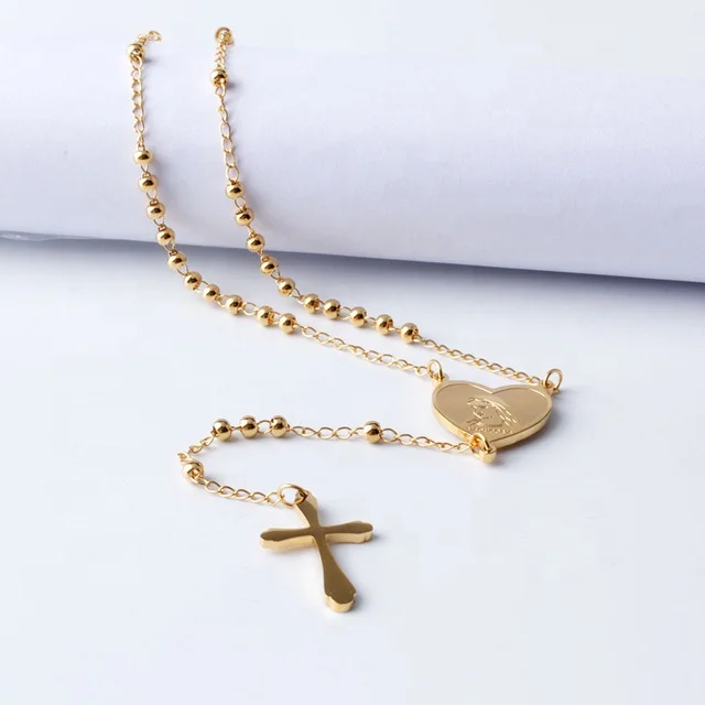 

Stainless Steel Gold Long Rosary Beads Catholic Necklace Virgin Mary Heart Necklace