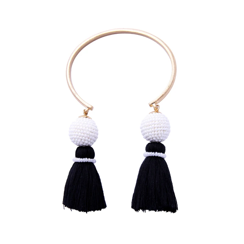 

sl00544b Two White Beaded Ball Wholesale Russian Gold Black Tassel Bangle Jewelry Bracelet