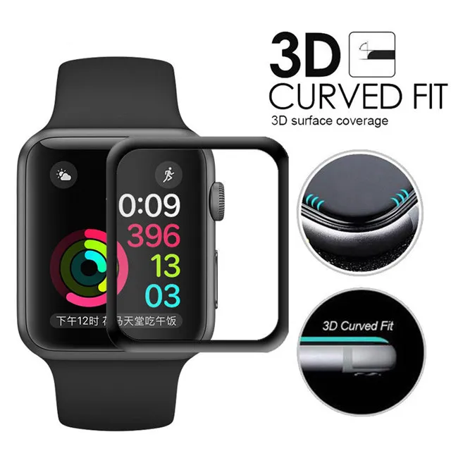 

3D Curved Full Glue Tempered Glass For Apple Watch 1/2/3/4 38mm 42mm 40mm 44mm Black Screen Protector Film