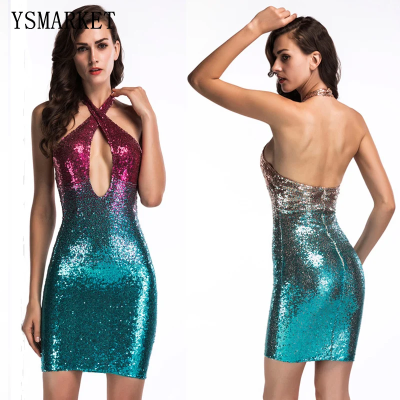 

YSMARKET Hollow Out Halter Women Sequined Dresses Gradient Party Dress Bodycon Sexy Mini Night Club Dress E21730