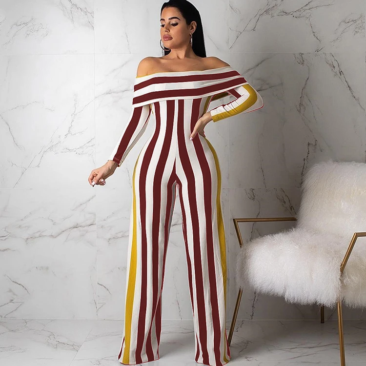 

2019 Latest Design Casual One Piece Striped Print Women Long Sleeve Sexy Jumpsuit