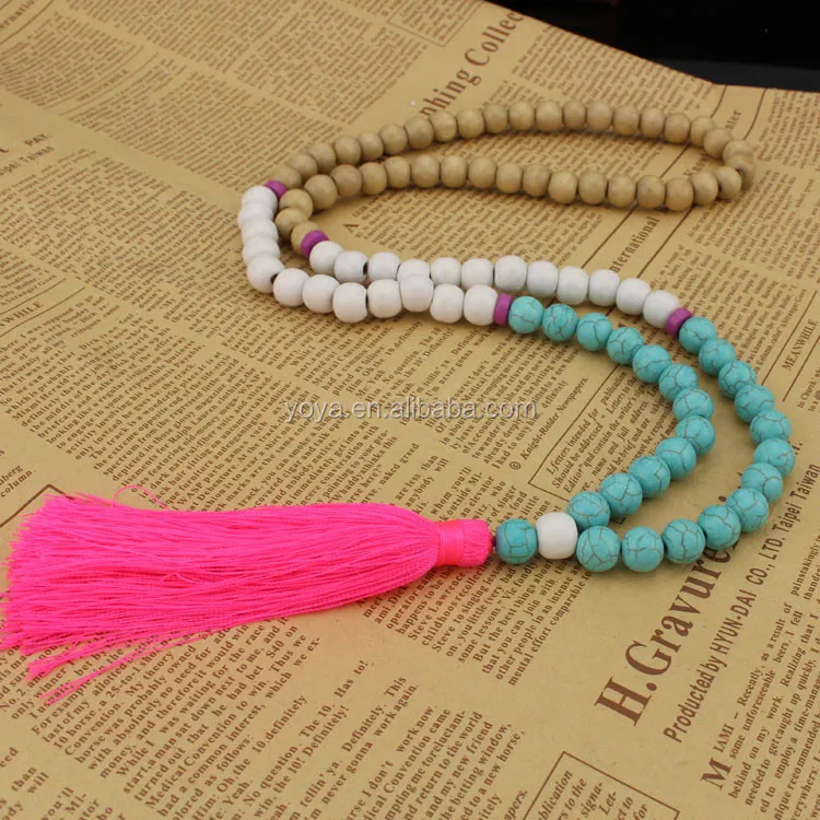 

NE2261 Fashion wooden beads hopink tassel mala necklace