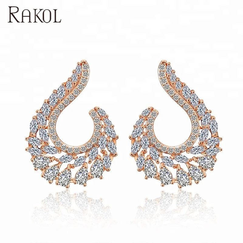 

RAKOL EP2038 Elegant accessories Leaf Design CZ With Zircon Stud Earrings For Wedding, As picture