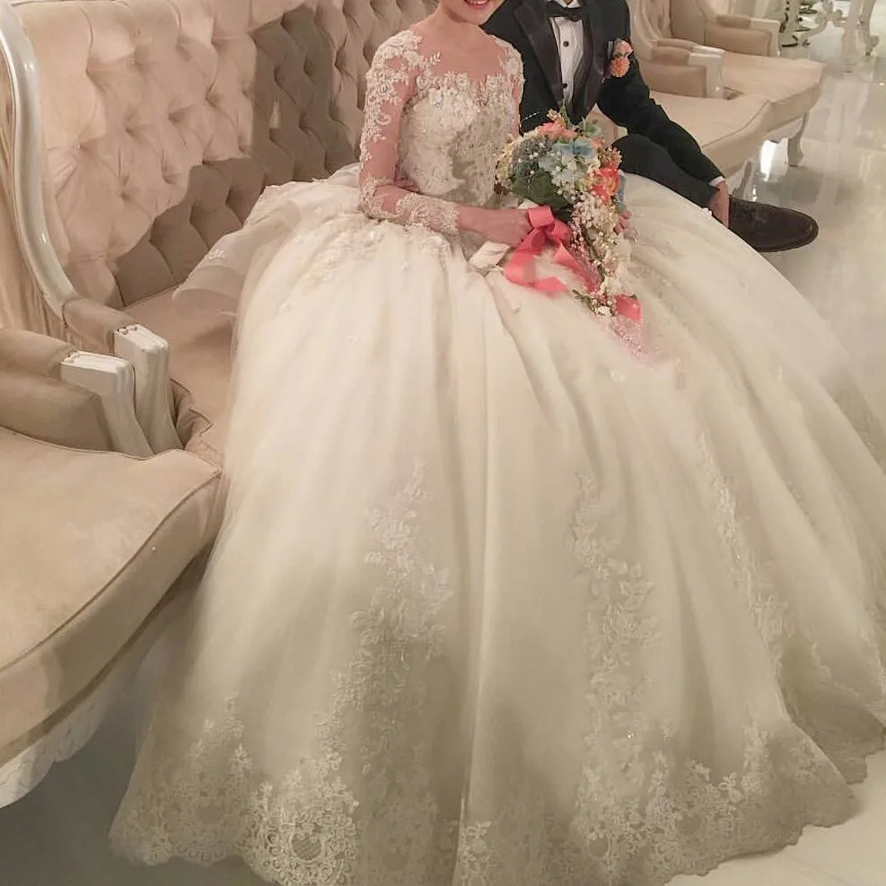 

FA31 Vestido de noiva Ball Gown Long Sleeves Wedding Dresses Royal Tail Luxury Wedding Dress Turkey Lace Appliques Bridal Gown, Default or custom