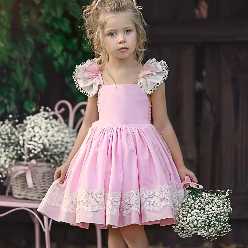 

Girl Pink Princess Party Dress Costume Baby Beautiful Lace Flutter Birthday Dresses, As shows