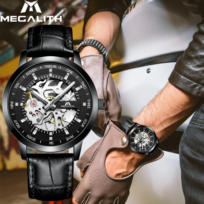 MEGALITH  mens watches black band no battery mechanical movement wristwatches montre homme water resistant silver