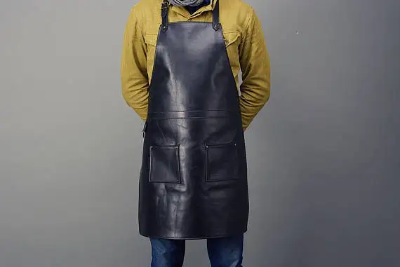 
China Wholesale High Quality Eco-Friendly Material Brown Adjustable Kitchen Leather Apron With Pockets 