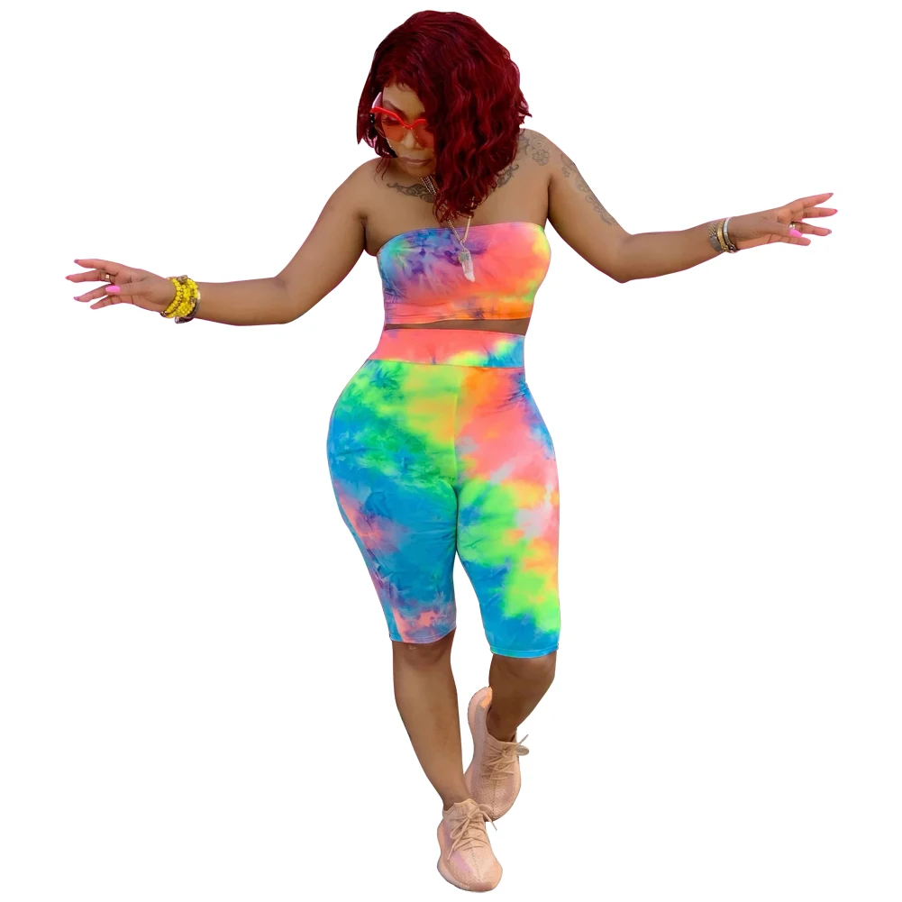 

Latest New Women Bodycon Tie Dye Tube Top And Short leg Pants Two Piece Set