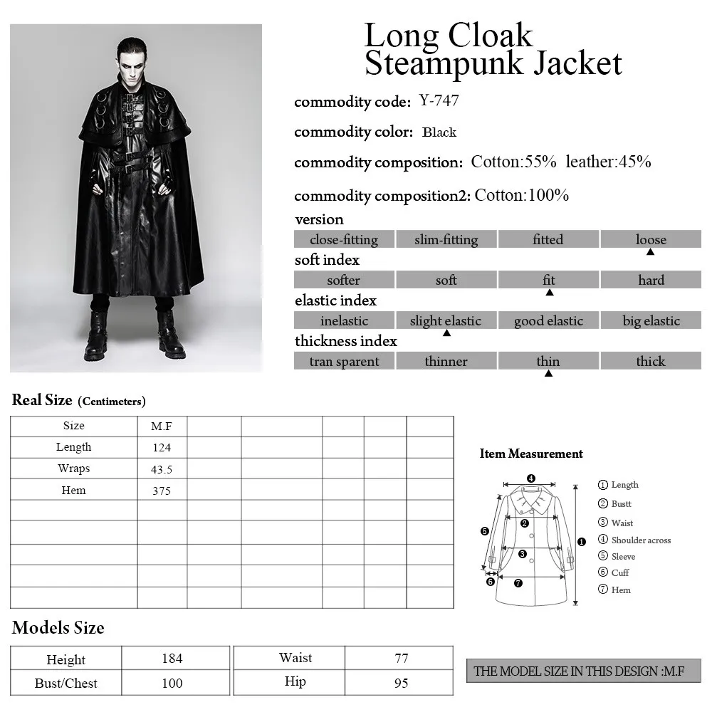 Y-747 Gothic Japanese solider metallic big cloak men leather long coat
