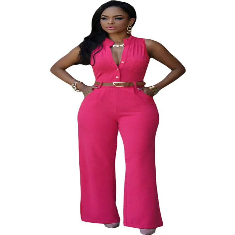 

Europe TOP sale sleeveless single row button wide leg one piece jumpsuit for sexy women party wear, Picture