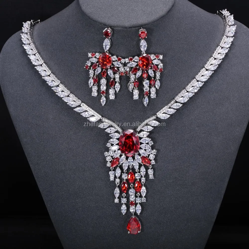 Bridal Jewelry Hot Sale High Quality Fashion Diamond Plated Red Big Jewelry Set Wedding Crystal