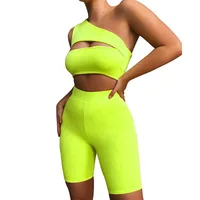 

wholesale womens boutique outfits fitness one shoulder 2 piece neon clothing short set