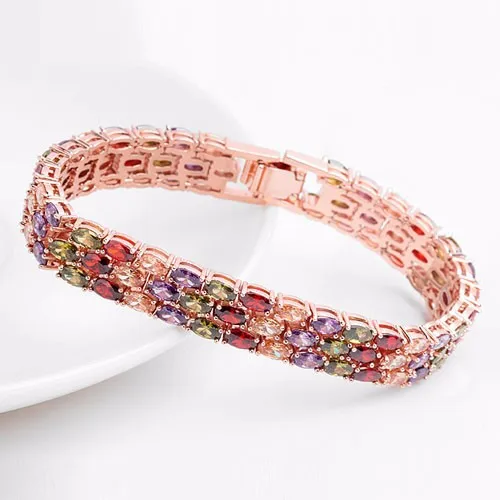 LUOTEEMI Trendy Accessories Fashion 18K Rose Gold Plated 3Rows Multicolor Cubic Zircon Luxury CharmBracelet Bangle for Women