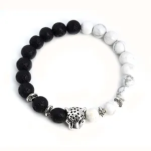 Hot Sale Black  Bracelets Men Bead Bracelet Lava White Howlite Stone Beads Gemstone Bracelet