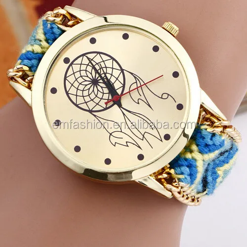 

Fashion Cute Handmade Girls Dreamcatcher Dial Gold Woven Bracelet Friendship Watch