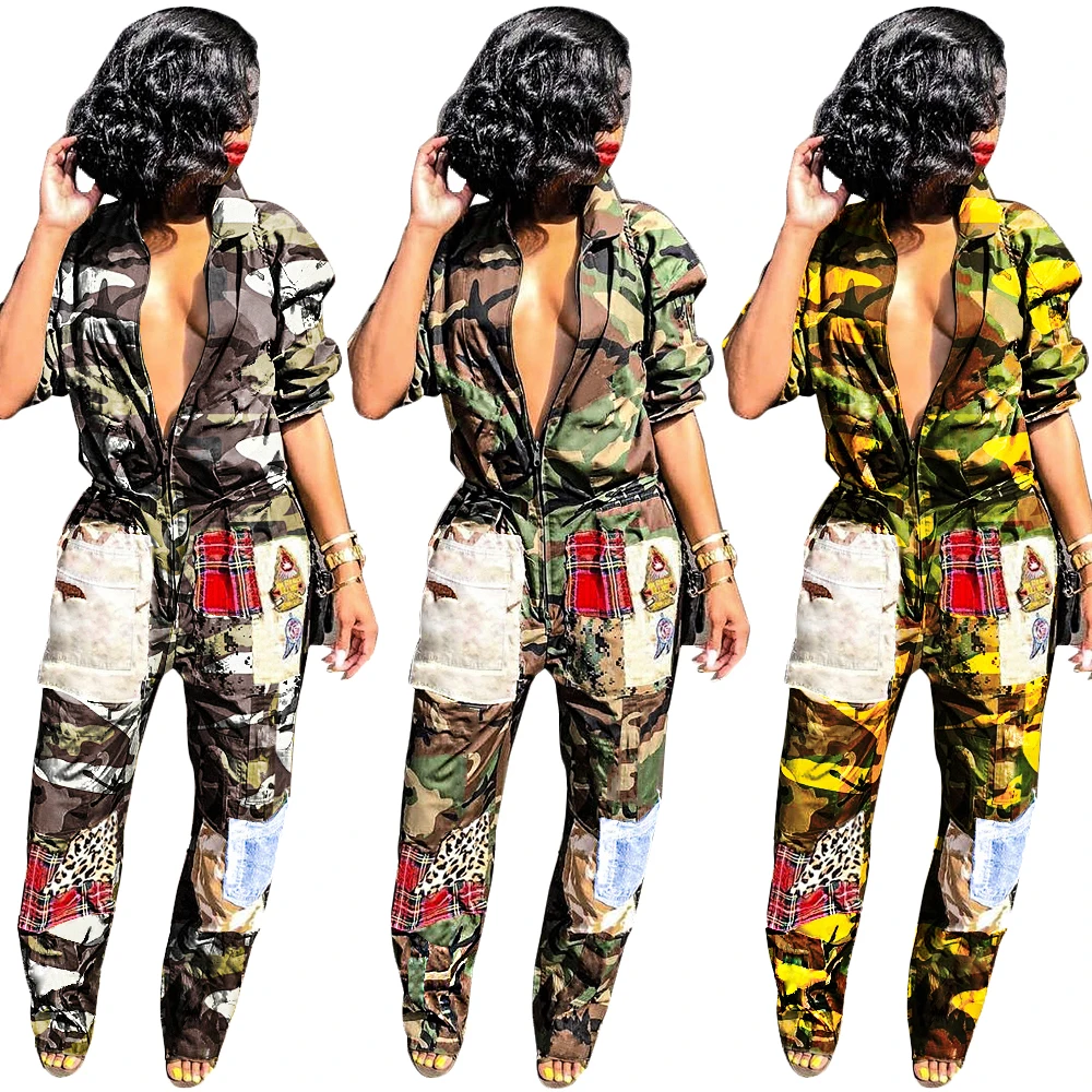 

M3454 patches zip ladies printed jumpsuit and rompers