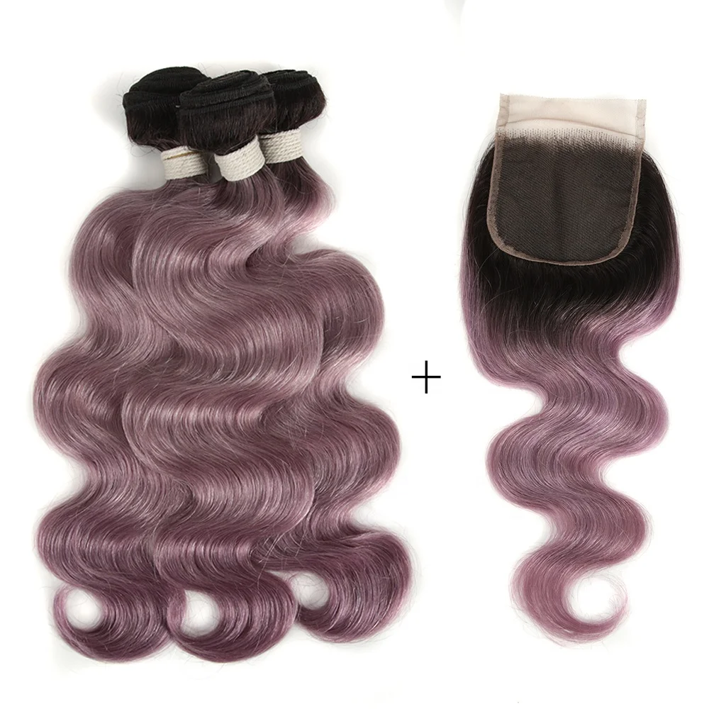 Joedir natural black and purple ombre color brazilian human hair bundles with closure double drawn raw virgin hair bohemian body