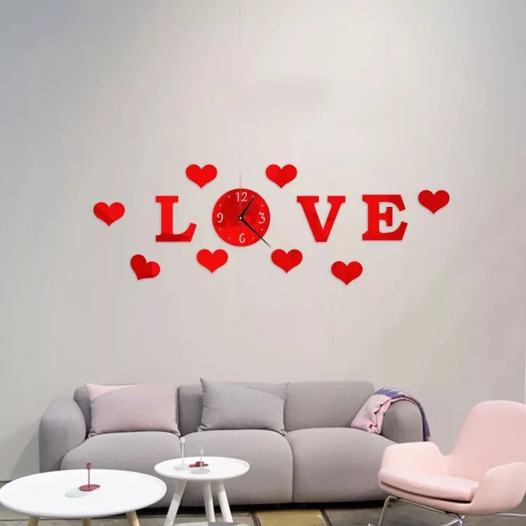 

Morden Romantic Sweet Love Acrylic Mirror Wall Clock Decorative die cut sticker, Black&red